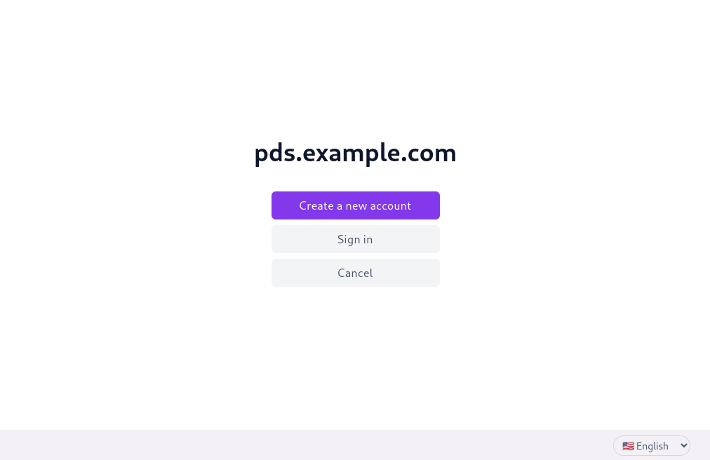 Web interface for &quot;pds.example.com&quot;, with buttons &quot;Create a new account&quot;, &quot;Sign in&quot;, and &quot;Cancel&quot;. There is a language-selection drop-down menu in the lower right corner.