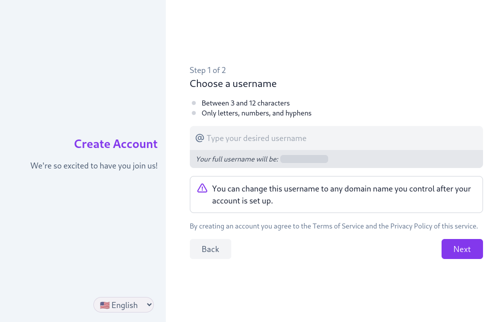 &quot;Create Account&quot; web interface, prompting user to &quot;Choose a username&quot; as &quot;Step 1 of 2&quot;